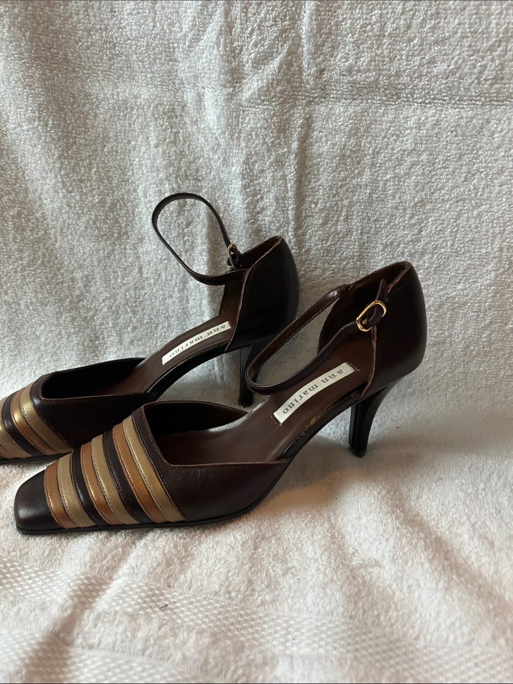 Ann Marino Brown Leather Ankle-Strap Heels with Tan Stripes